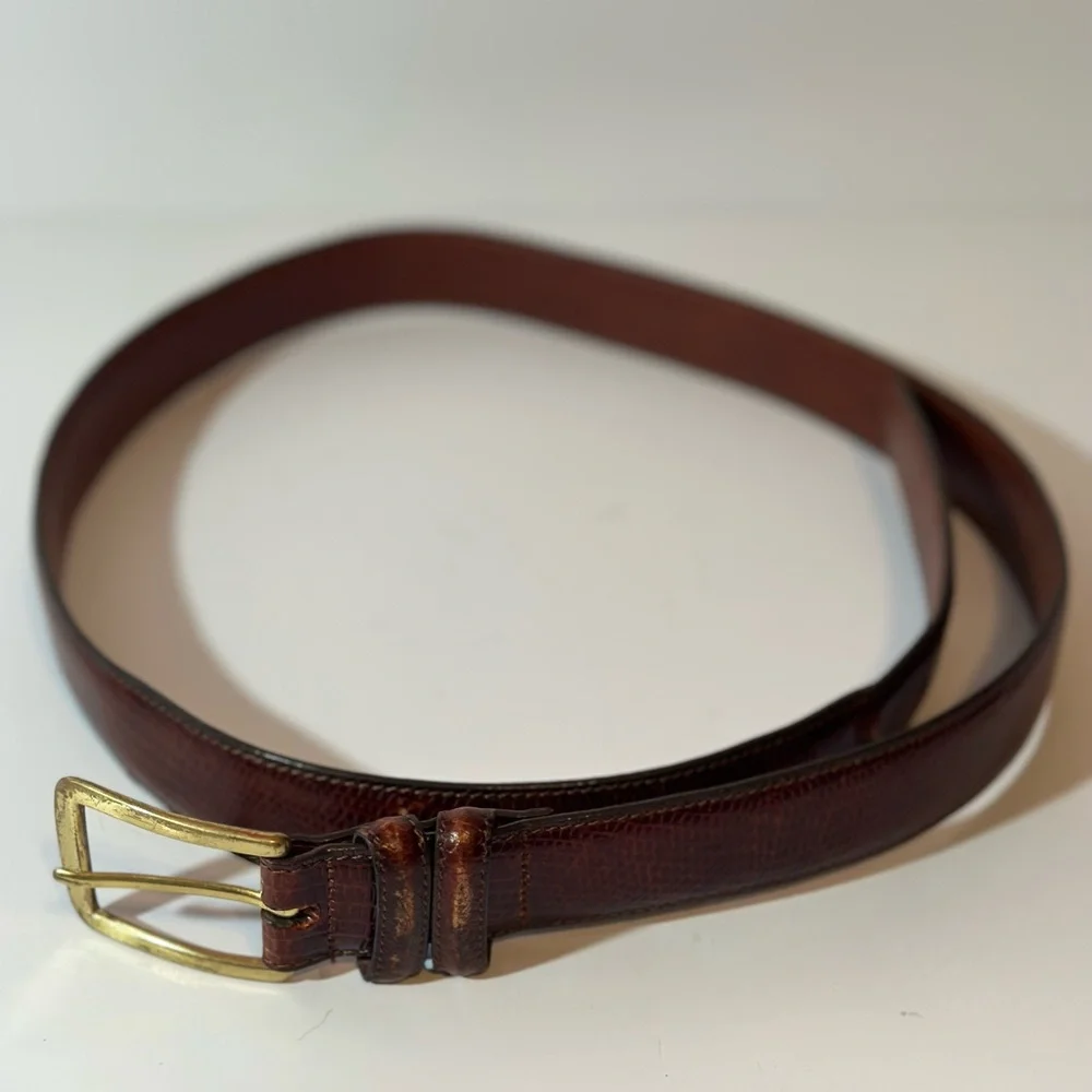 Vintage Lloyd's Brown Lizard Grain Leather Belt Solid Brass Buckle Size 40